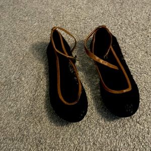 Brand new black lace and brown ankle strap flats